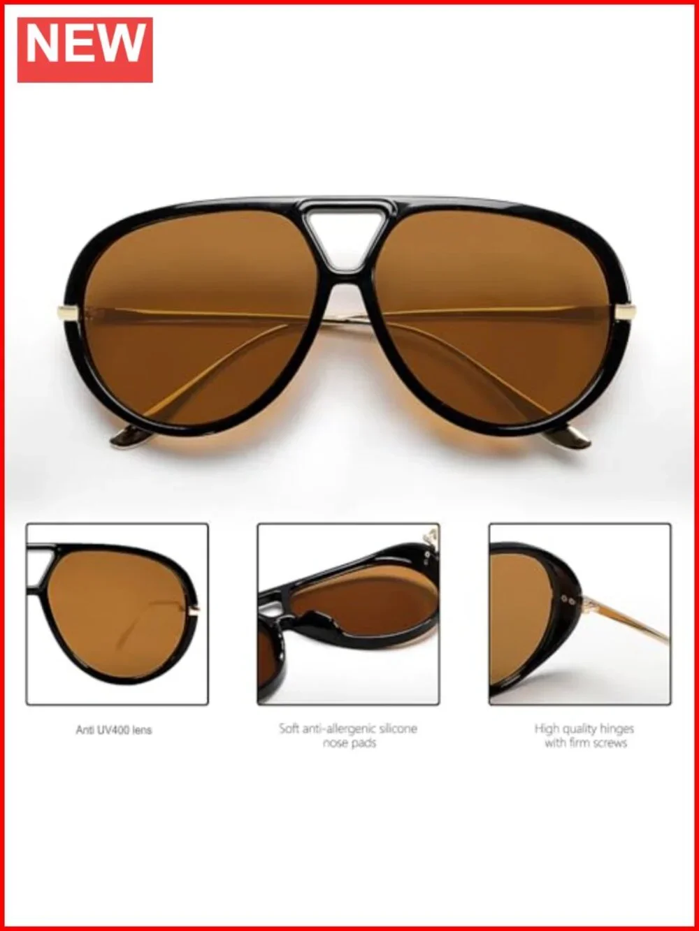 Retro Oversized Aviator Sunglasses, Gold Metal Frame, UV Protection, Unisex